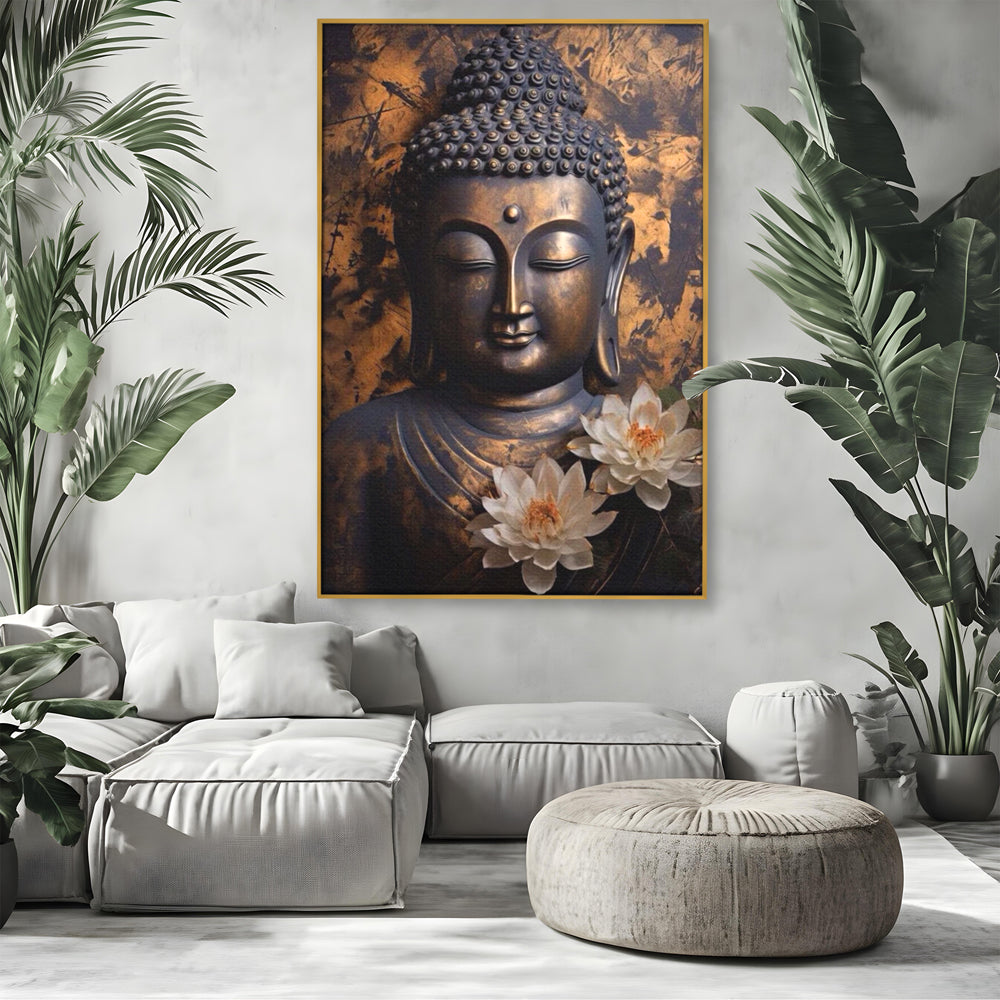 Tablou canvas cu tablou canvas cu buddha si flori de lotus, in rama de aluminiu auriu, pe perete intr-un living